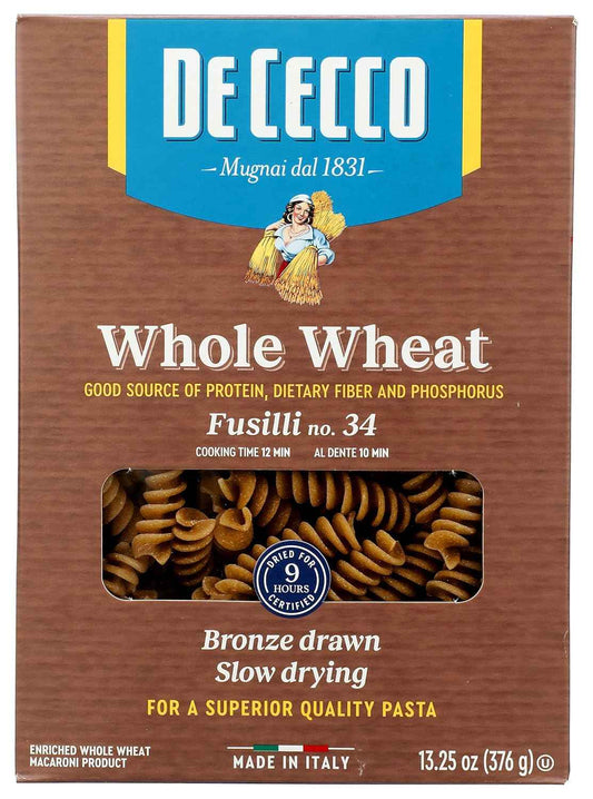 De Cecco Whole Wheat Fusilli – Kid-Friendly High-Fiber Pasta for School Lunch Bento Packs
