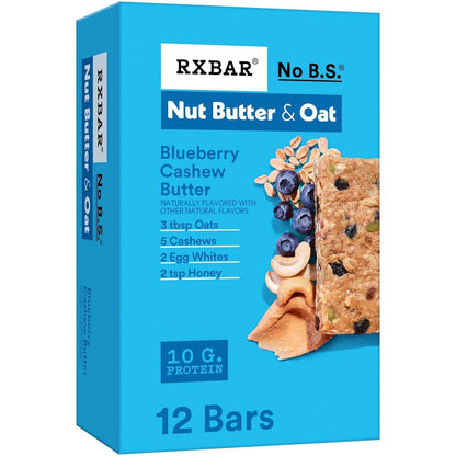 RXBAR Nut Butter and Oat Protein Bars – Portable Trail Fuel for Hiking and Cycling, 10g Protein Blueberry Cashew