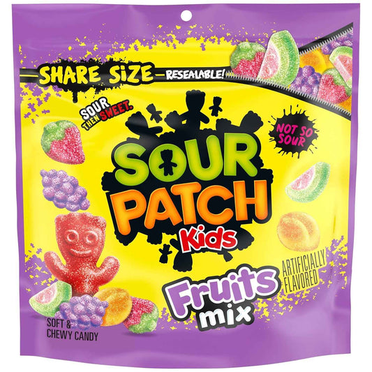 SOUR PATCH KIDS Fruits Mix Chewy Candy for Road Trips and Camping Snacks, Resealable Share Size 11.03 oz