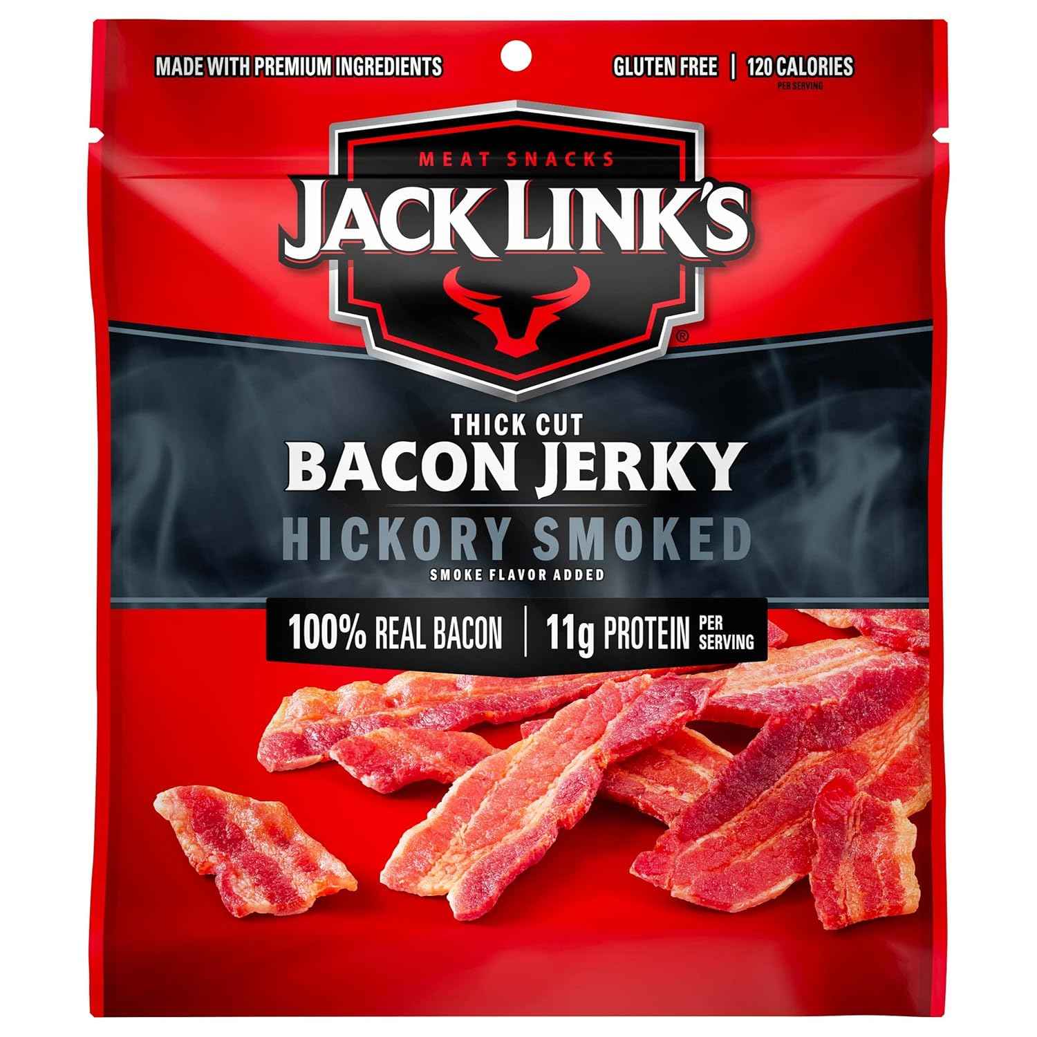 Jack Link's Bacon Jerky, Hickory Smoked – Portable Protein Snack for Hunting Blind and Camping Trip Lunches