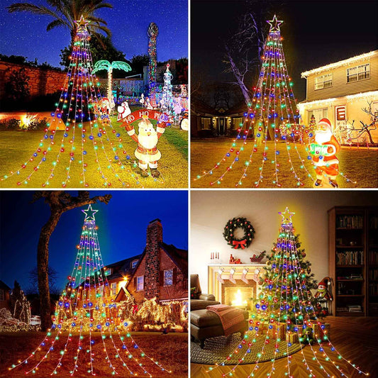 FUNIAO 320 LED Waterfall Christmas Lights with 12.6" Star Topper, IP44 Waterproof Outdoor String Lights for Patio, Yard and Garden