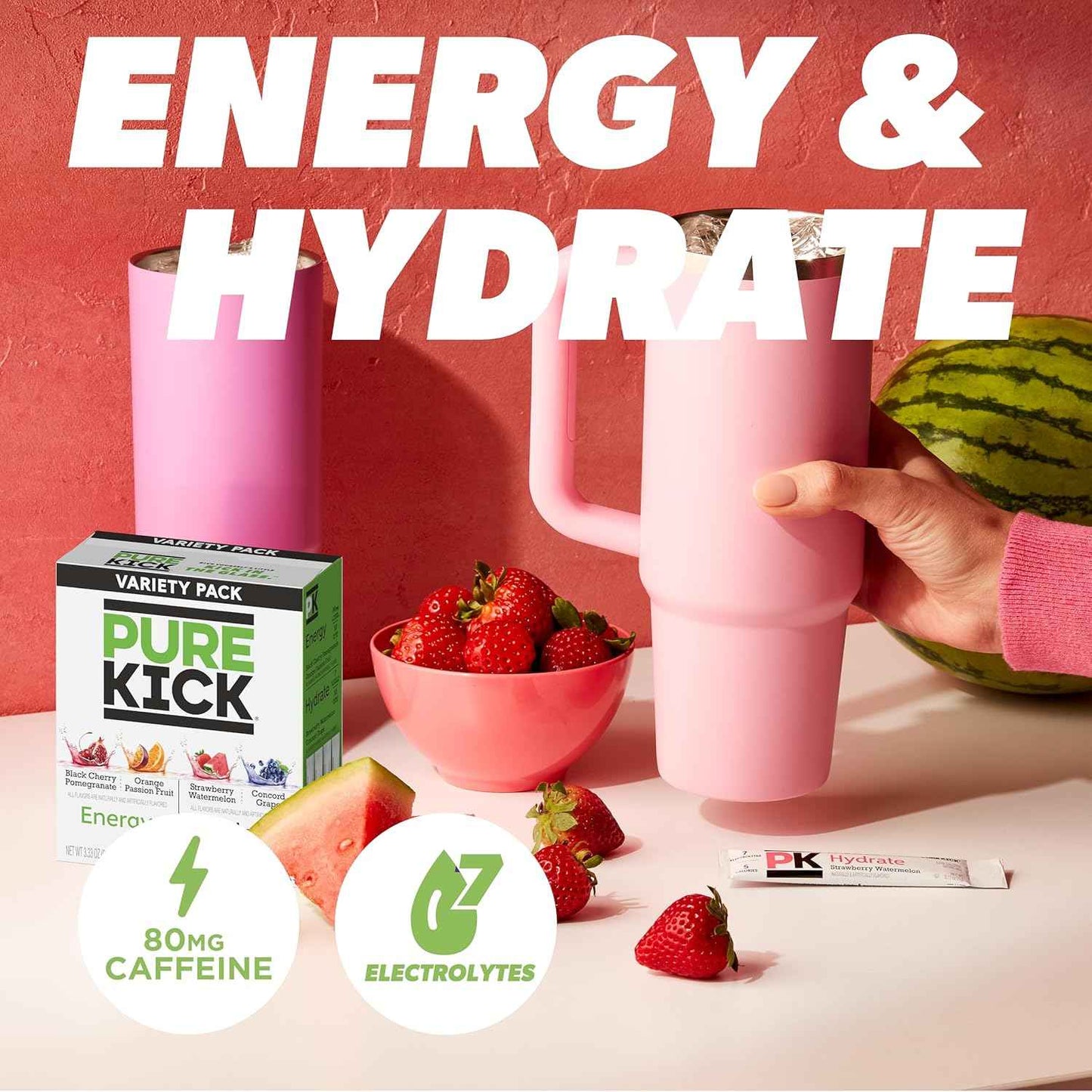 Pure Kick Hydration Singles To Go Drink Mix – Mindful Morning Hydration Boost for Health-Conscious Adults, 72 Packets