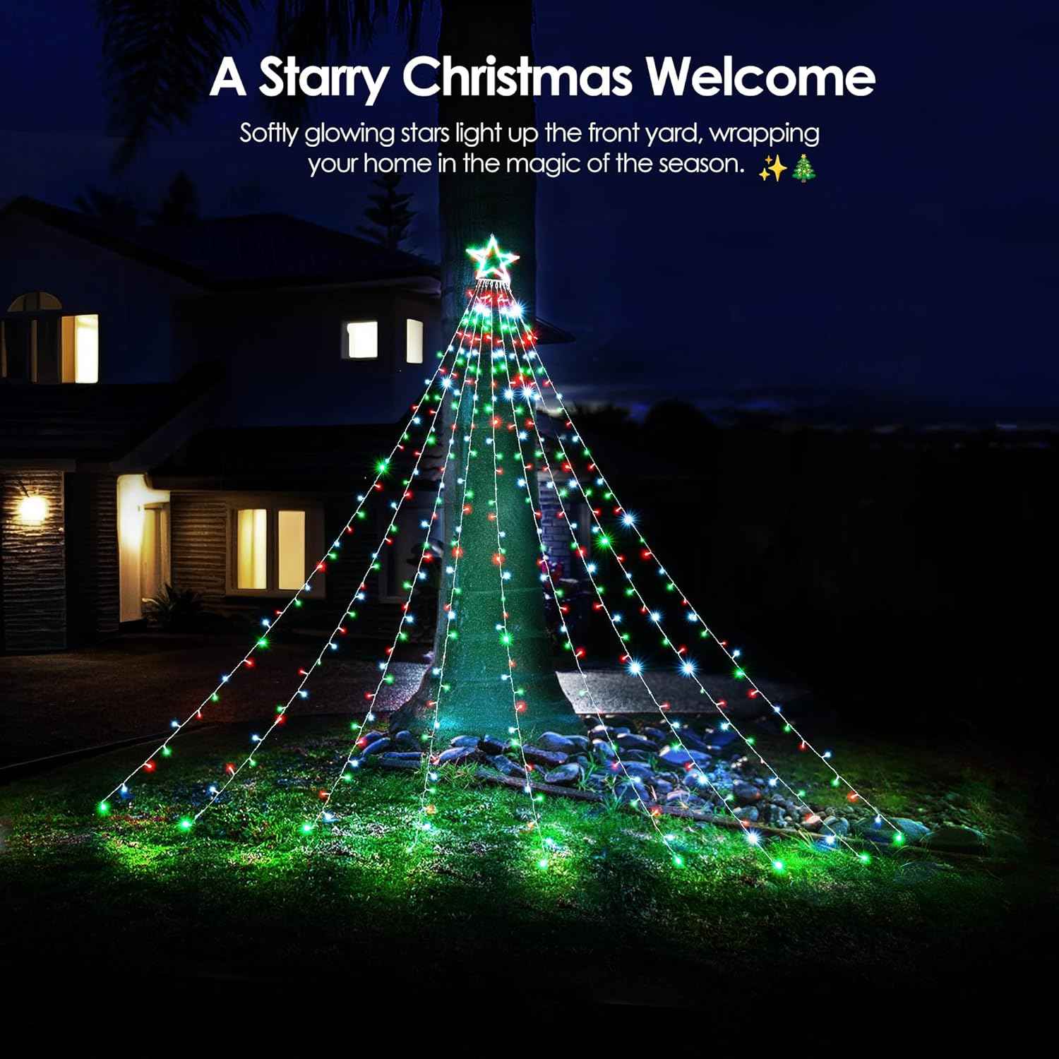 WBao Christmas Lights Gift for Mom and Homeowners, Premium 344 LED Waterfall Star Topper with Remote in 9 Colors for Holiday Housewarming Present