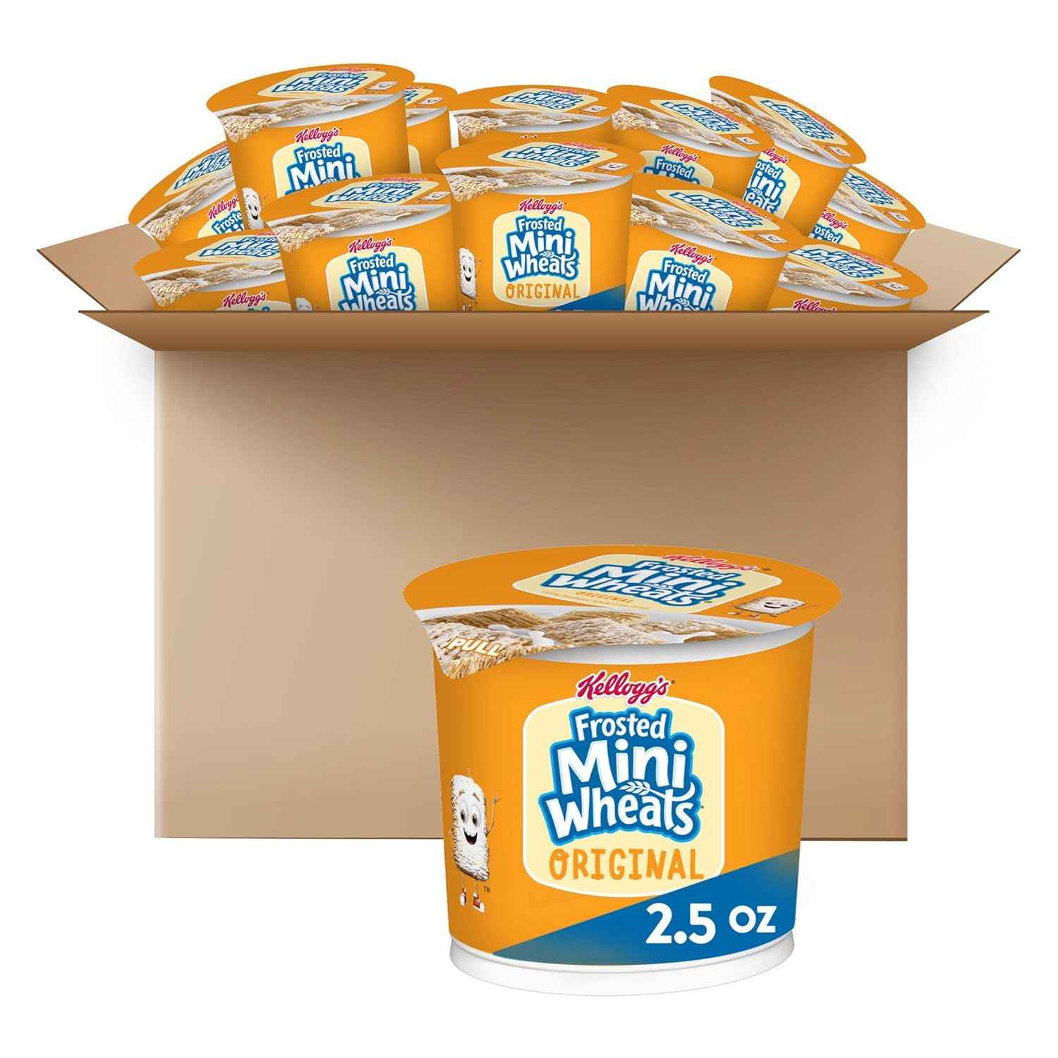 Kellogg's Frosted Mini-Wheats Cereal Cups – High-Fiber Low-Fat Snack for Health-Conscious Adults, 12-Pack