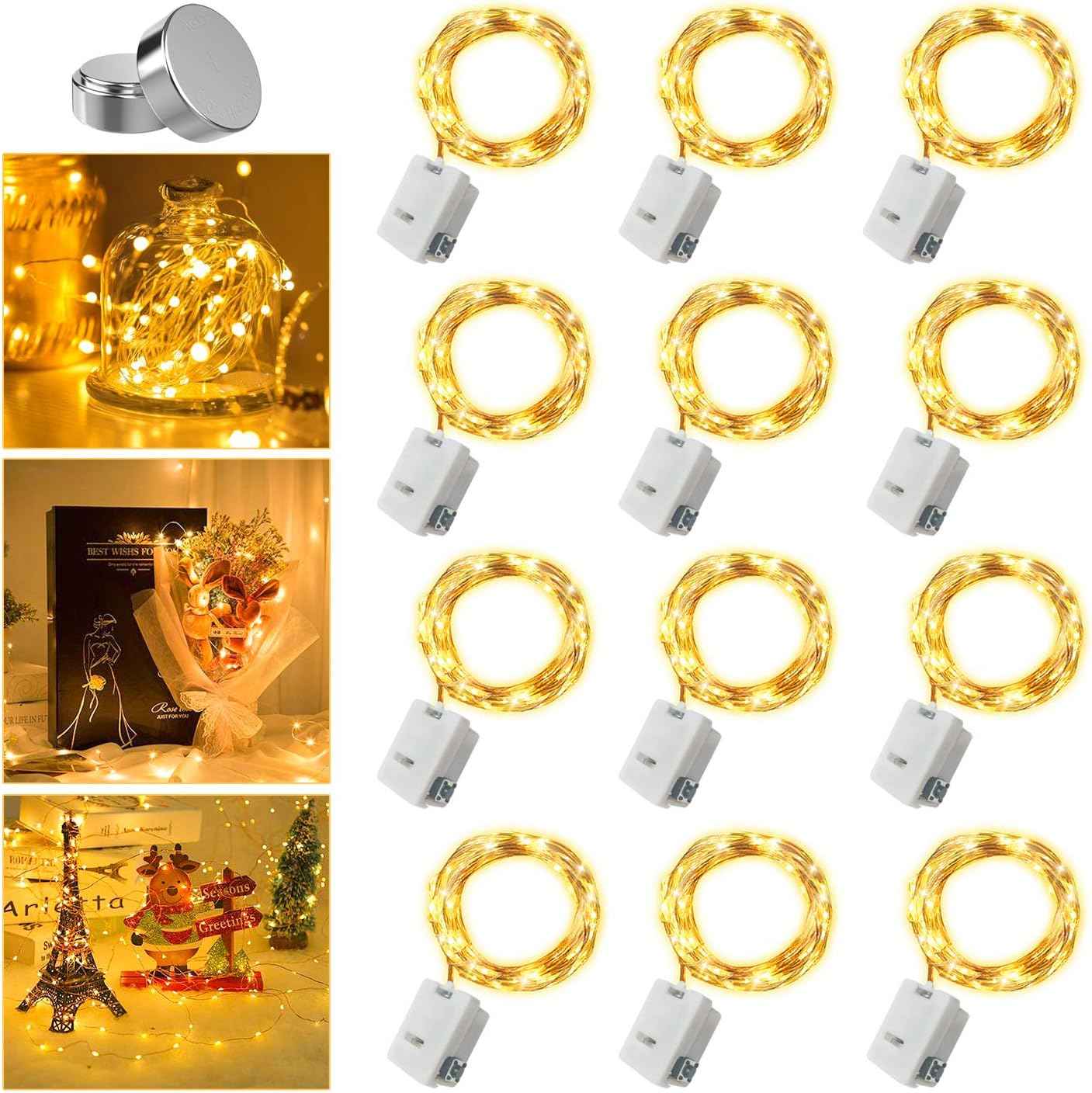 Brightever 12 Pack Waterproof Fairy Lights – Outdoor Patio and Garden String Lighting, IP68 Copper Wire Battery Operated 7ft Lights