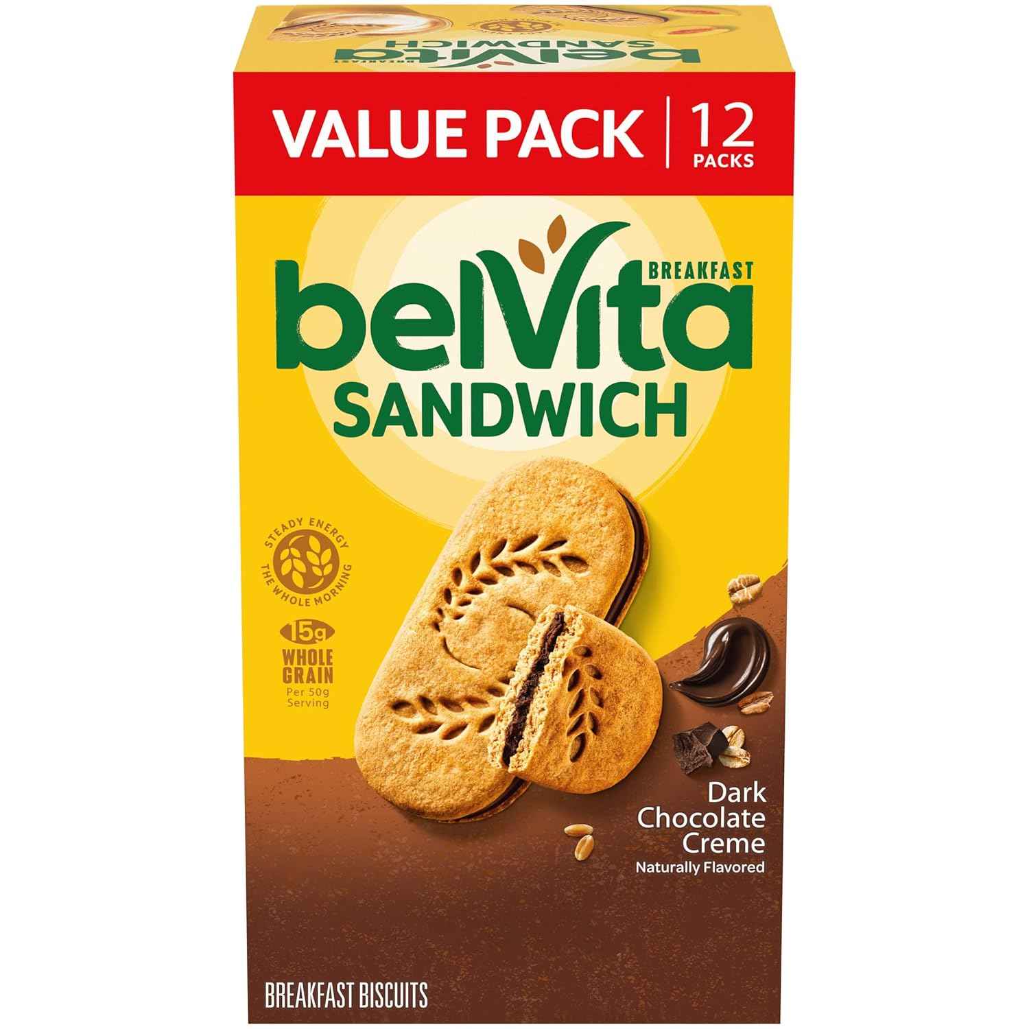 belVita Dark Chocolate Creme Biscuits – After-School Snack for the Kitchen Counter, 12-Pack Value Box