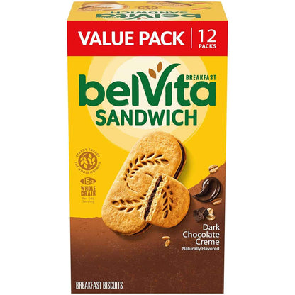 belVita Dark Chocolate Creme Biscuits – After-School Snack for the Kitchen Counter, 12-Pack Value Box