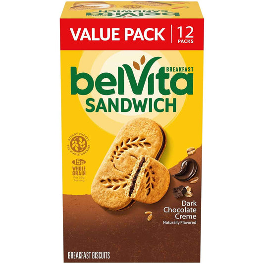 belVita Dark Chocolate Creme Biscuits – After-School Snack for the Kitchen Counter, 12-Pack Value Box