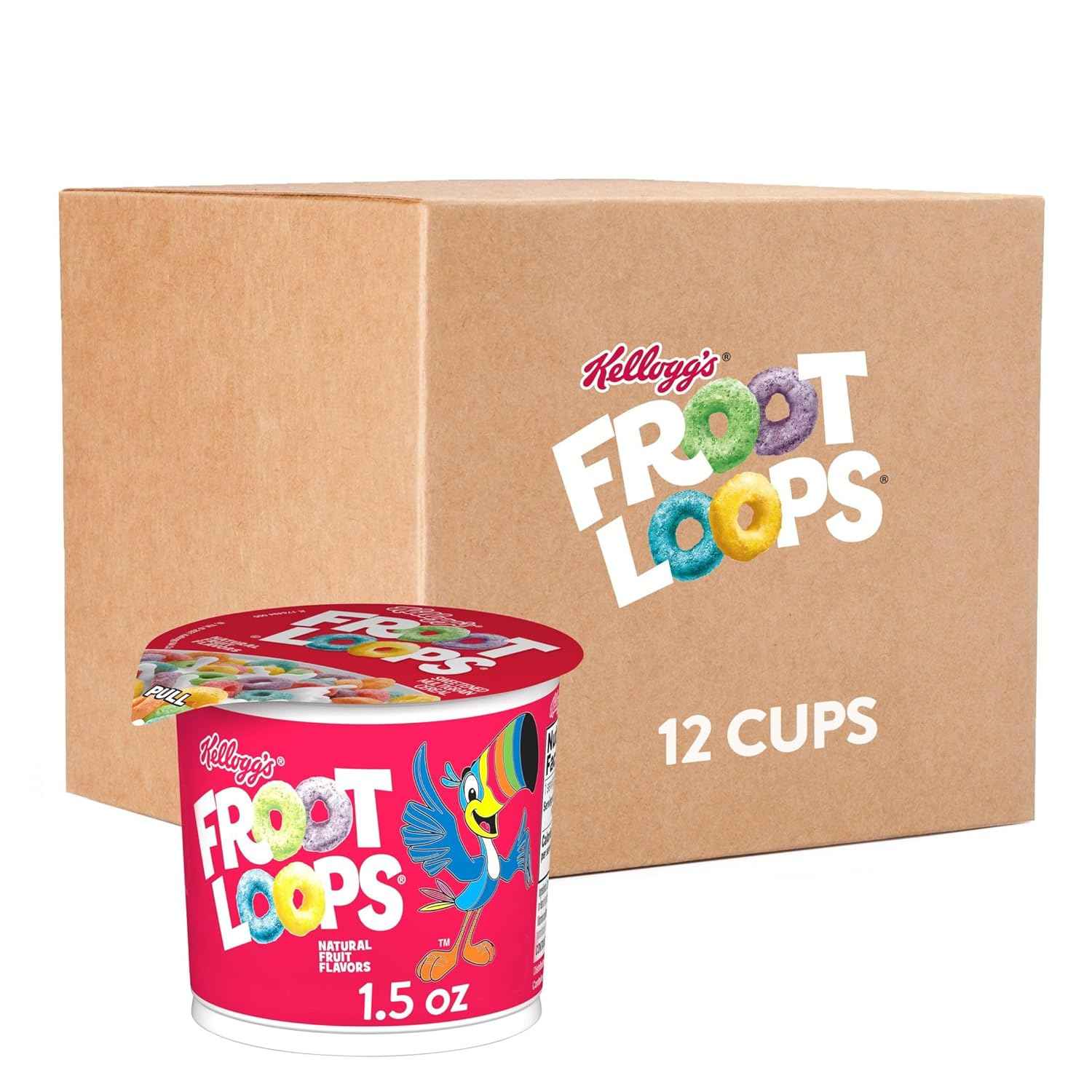 Kellogg's Froot Loops Cereal Cups – Road Trip Snack for the Car, 12 Single-Serve 1.5oz Cups