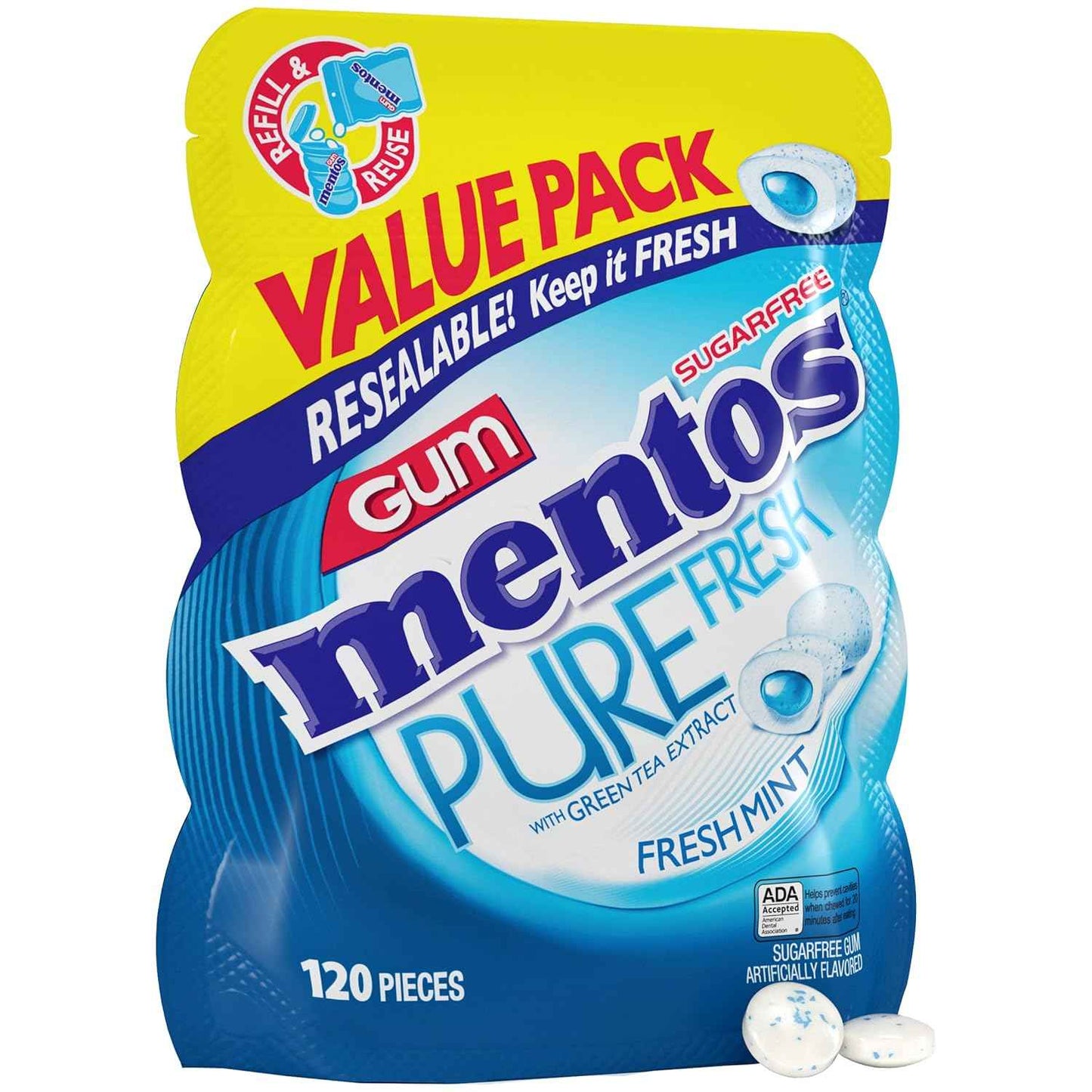 Mentos Pure Fresh Sugar-Free Chewing Gum with Xylitol, Fresh Mint, 120 Piece Bulk Resealable Bag for Stocking Stuffer and Holiday Gift