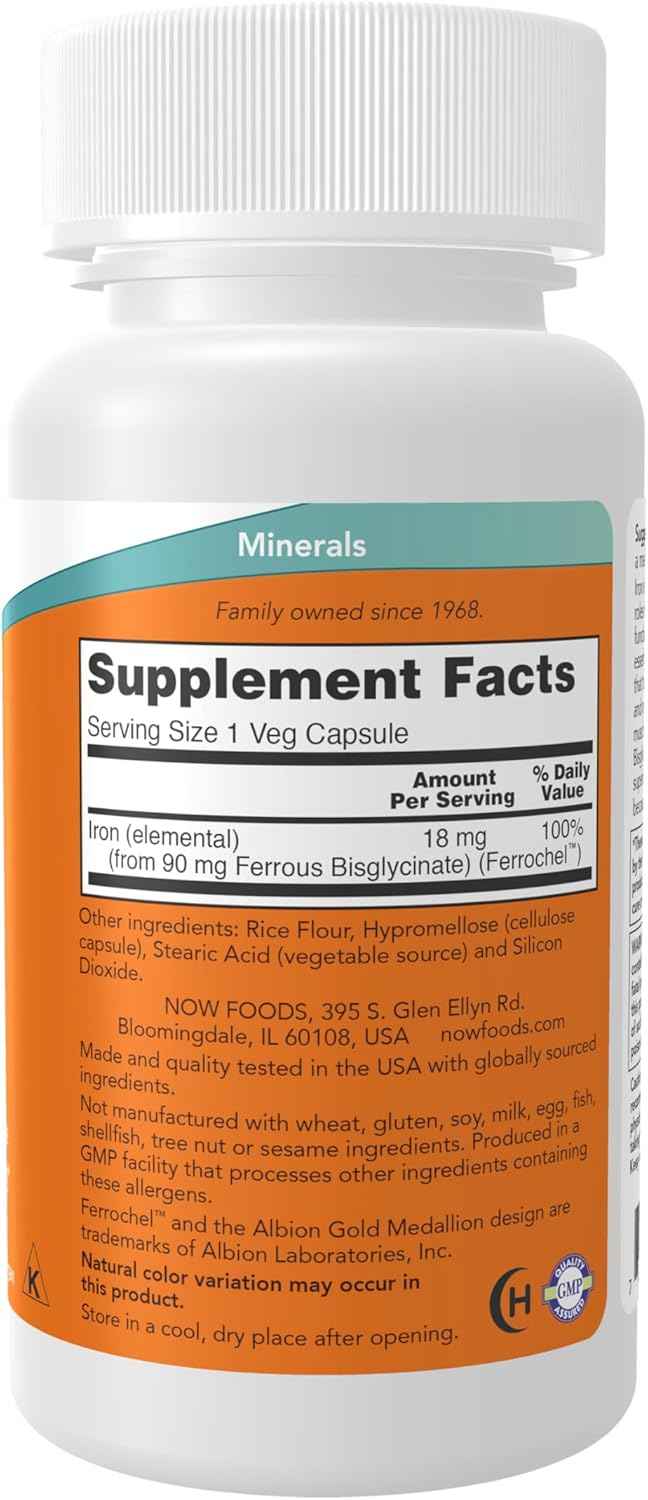 NOW Foods Iron 18 mg Ferrochel – Allergy-Friendly Vegan Iron for Sensitive Diets, 120 Vegetable Capsules