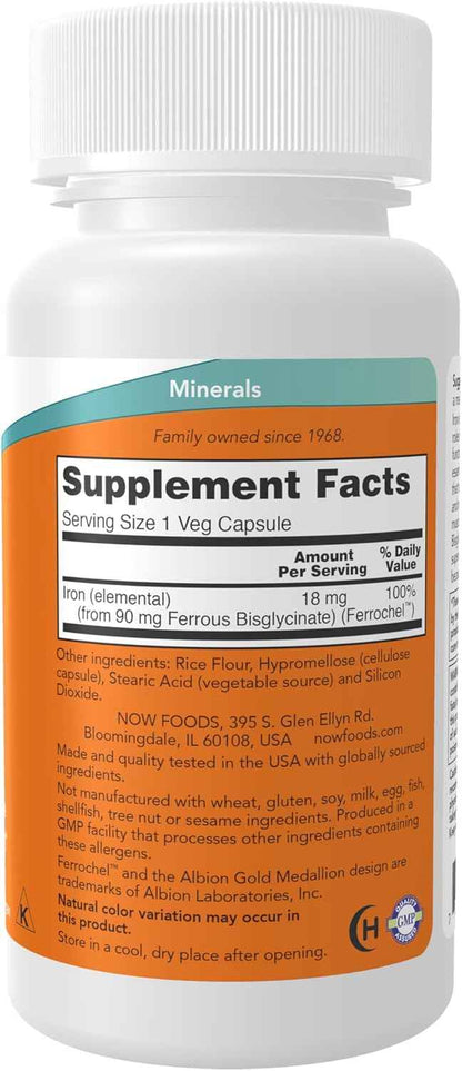 NOW Foods Iron 18 mg Ferrochel – Allergy-Friendly Vegan Iron for Sensitive Diets, 120 Vegetable Capsules