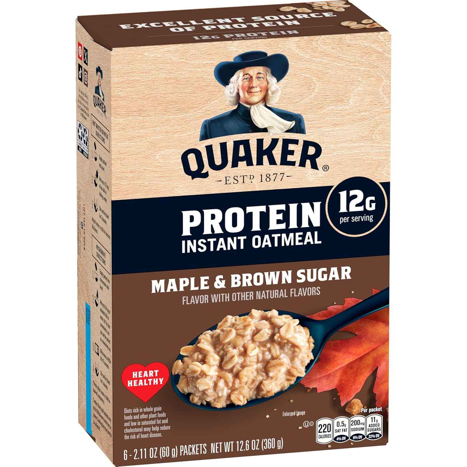 Quaker Protein Instant Oatmeal Maple Brown Sugar – Family-Friendly Wholesome Breakfast That Satisfies Kids Until Lunch, 6 Packets