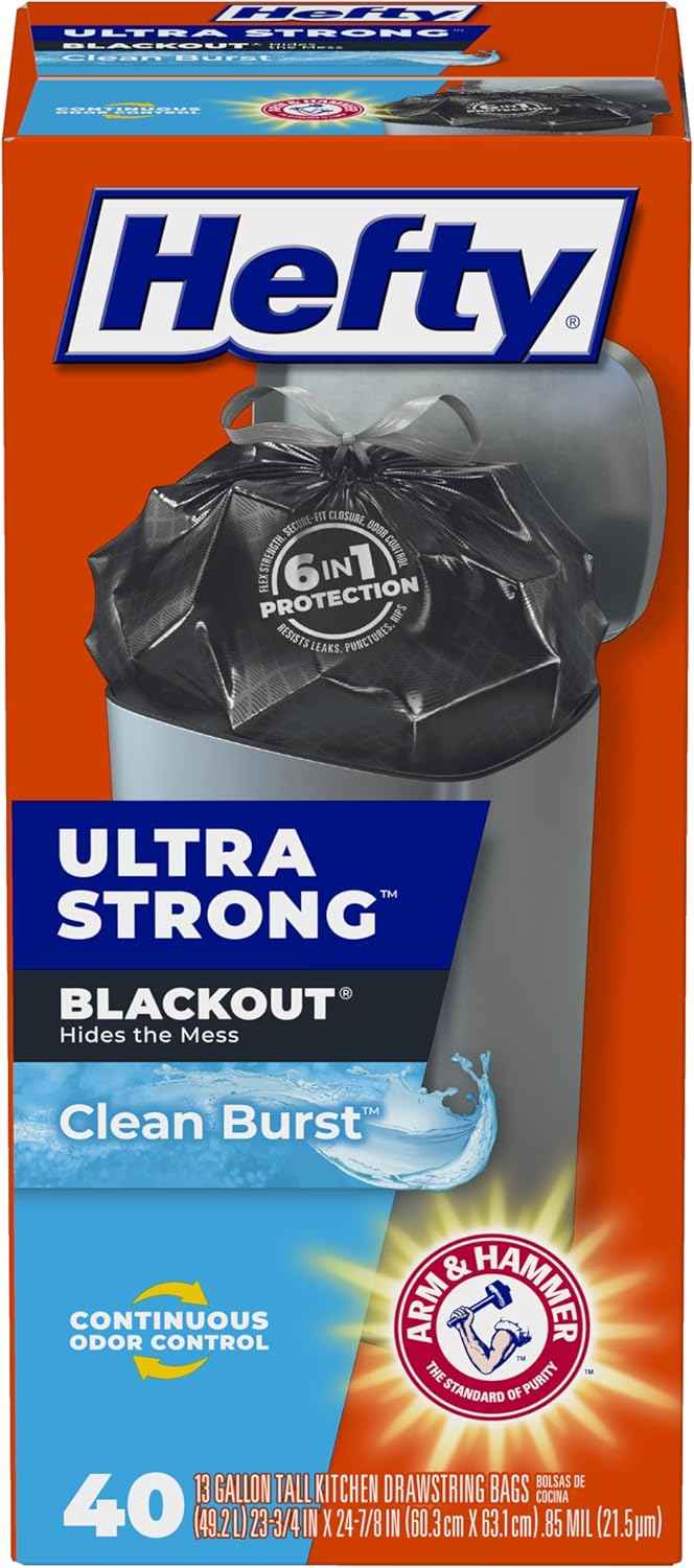 Hefty Ultra Strong 13 Gallon Trash Bags – Blackout Black Bags for a Cleaner-Looking Kitchen Aesthetic, Clean Burst Scent
