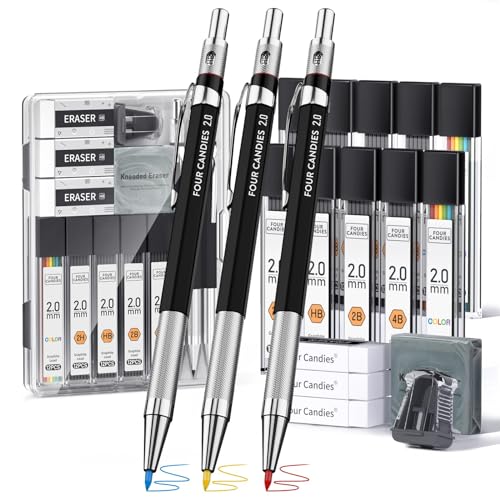 FourCandies_25PCS_Art_Mechanical_Pencil_Set_with_Case,_3PCS_Metal_Artist_Lead_Pencil_0.5,_0.7,_0.9_mm_&_3PCS_2mm_Lead_Holder(HB_2H_2B_4B_Color)_with_432PCS_Graphite_Lead_Refills_for_Drawing_Sketching