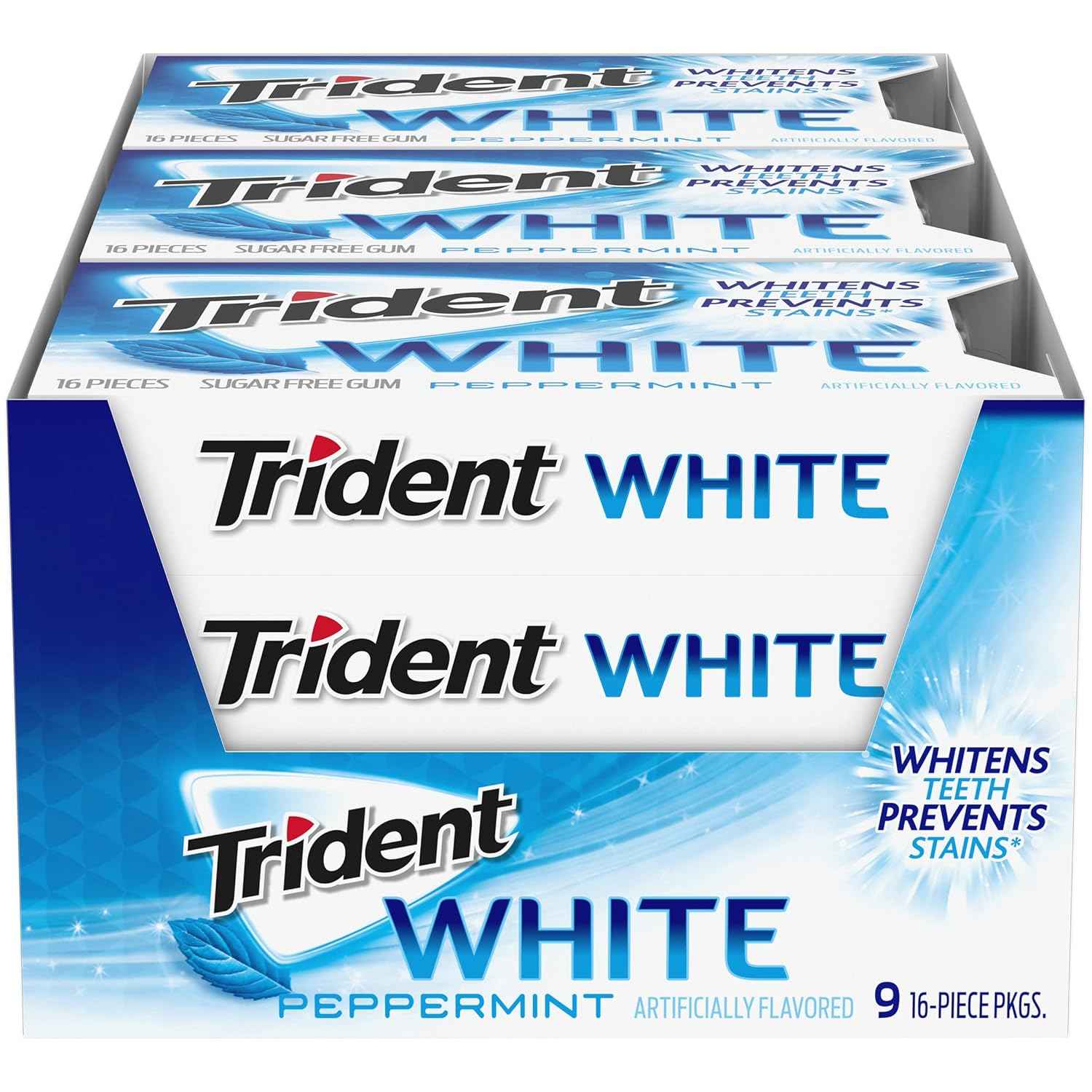 Trident White Sugar-Free Gum – Family-Stash Friendly Chewing Gum for Older Kids and Teens, 9 Packs of 16