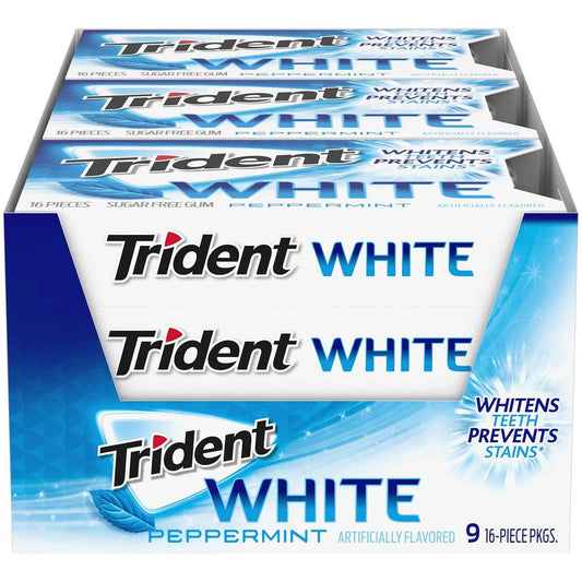 Trident White Sugar-Free Gum – Family-Stash Friendly Chewing Gum for Older Kids and Teens, 9 Packs of 16