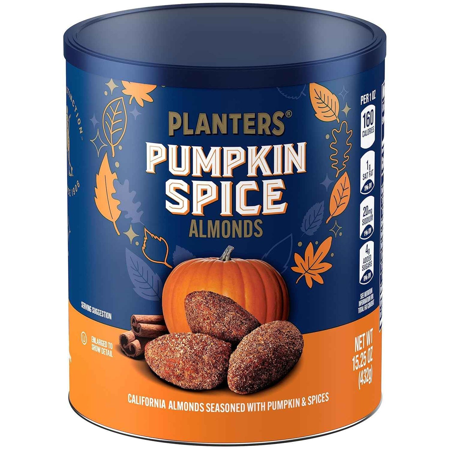 PLANTERS Fall Edition Pumpkin Spice Almonds 15.25 oz Resealable Canister – Portable Seasonal Snack for Camping Trips and Road Trips, Plant-Based Protein for Outdoor Adventures