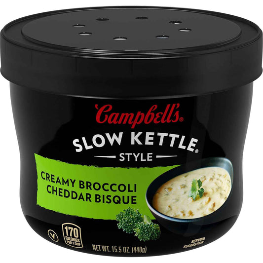 Campbell's Slow Kettle Creamy Broccoli Cheddar Bisque — No-Cook Backup Dinner for Busy Parents, 15.5 oz Family Bowl
