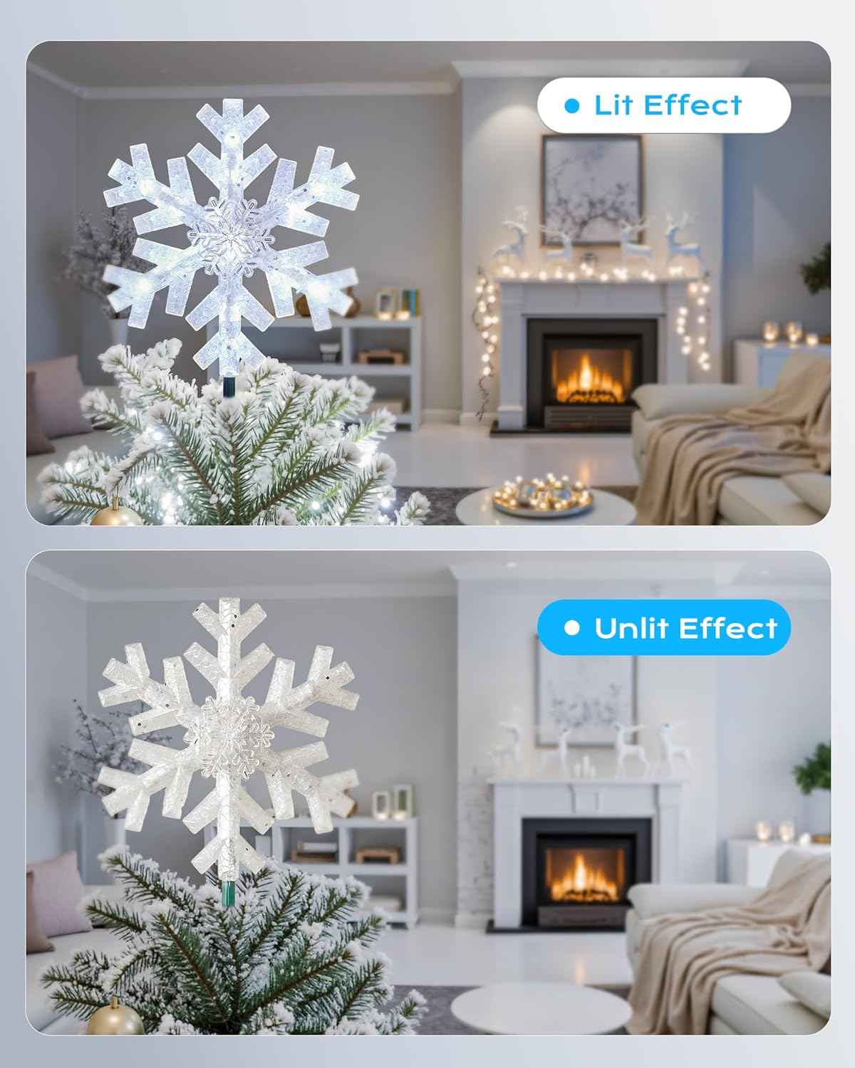 Brightown 3D Snowflake Christmas Tree Topper – Cozy Bedroom and Family Room Holiday Centerpiece, Built-in 15 Cool White Bulbs