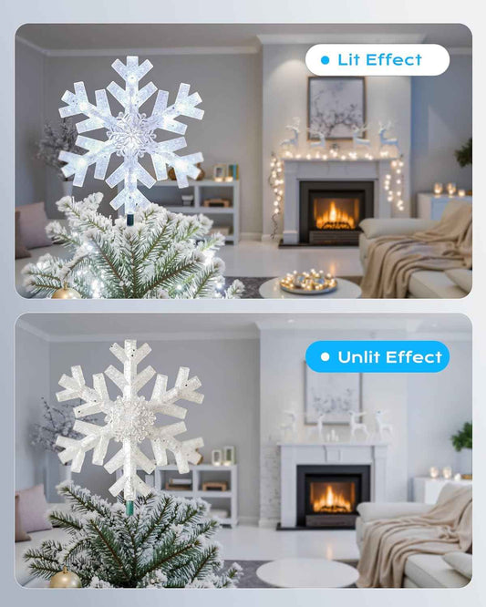 Brightown 3D Snowflake Christmas Tree Topper – Cozy Bedroom and Family Room Holiday Centerpiece, Built-in 15 Cool White Bulbs