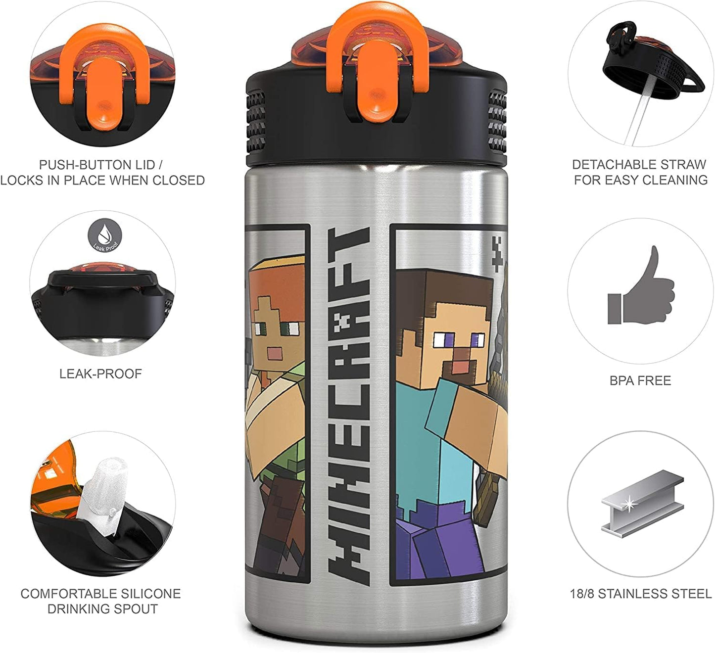 Zak_Designs_Minecraft_-_Stainless_Steel_Water_Bottle_with_One_Hand_Operation_Action_Lid_and_Built-in_Carrying_Loop,_with_Straw_Spout_is_Perfect_for_Kids_(15.5_oz,_18/8,_BPA-Free)_Drinkware_Cup_Tumbler_Portable_Bottled_Washable_Reusable_Mug_Flasks