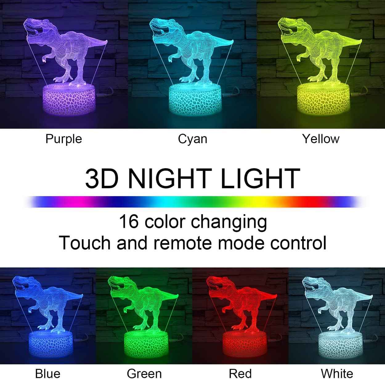 i-CHONY 3D Dinosaur Night Light for Kids - Child-Safe Flicker-Free LED Lamp for Nursery and Bedroom