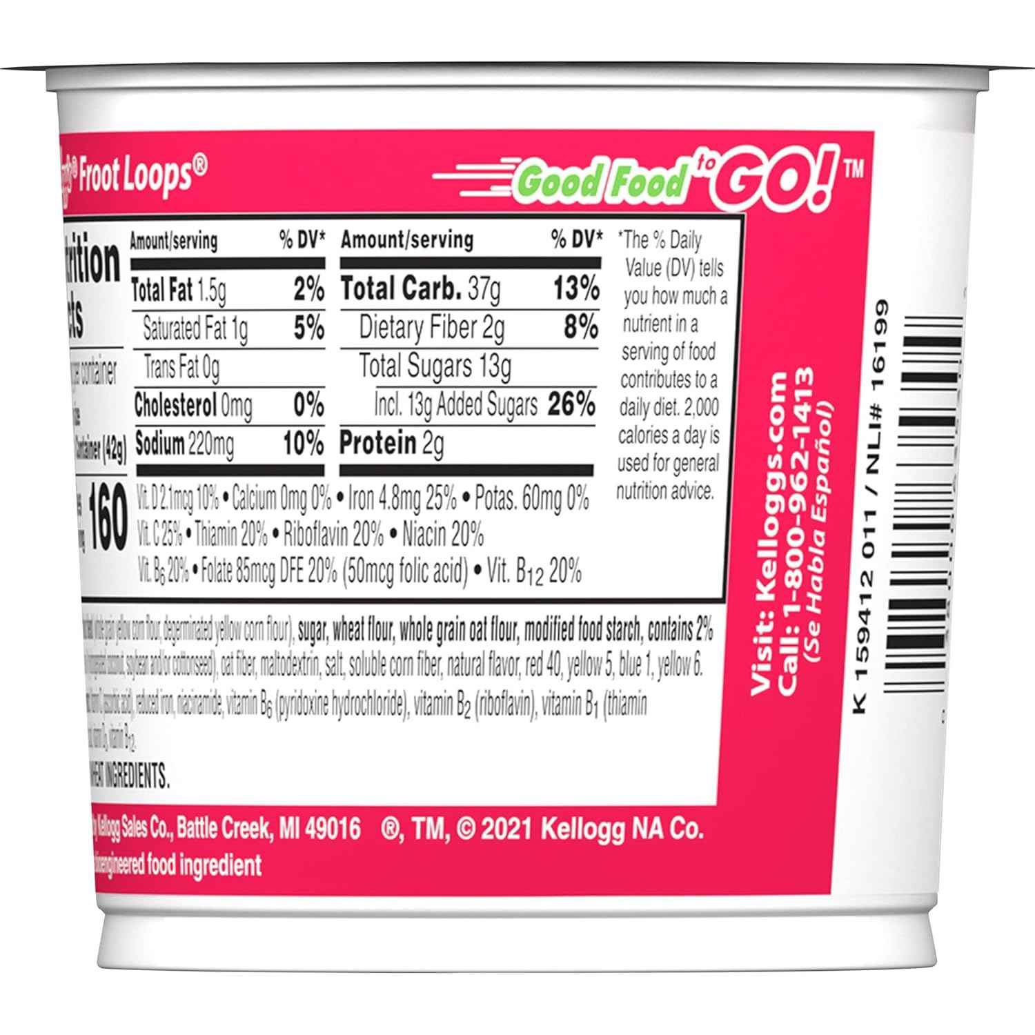 Kellogg's Froot Loops Cereal Cups – Road Trip Snack for the Car, 12 Single-Serve 1.5oz Cups