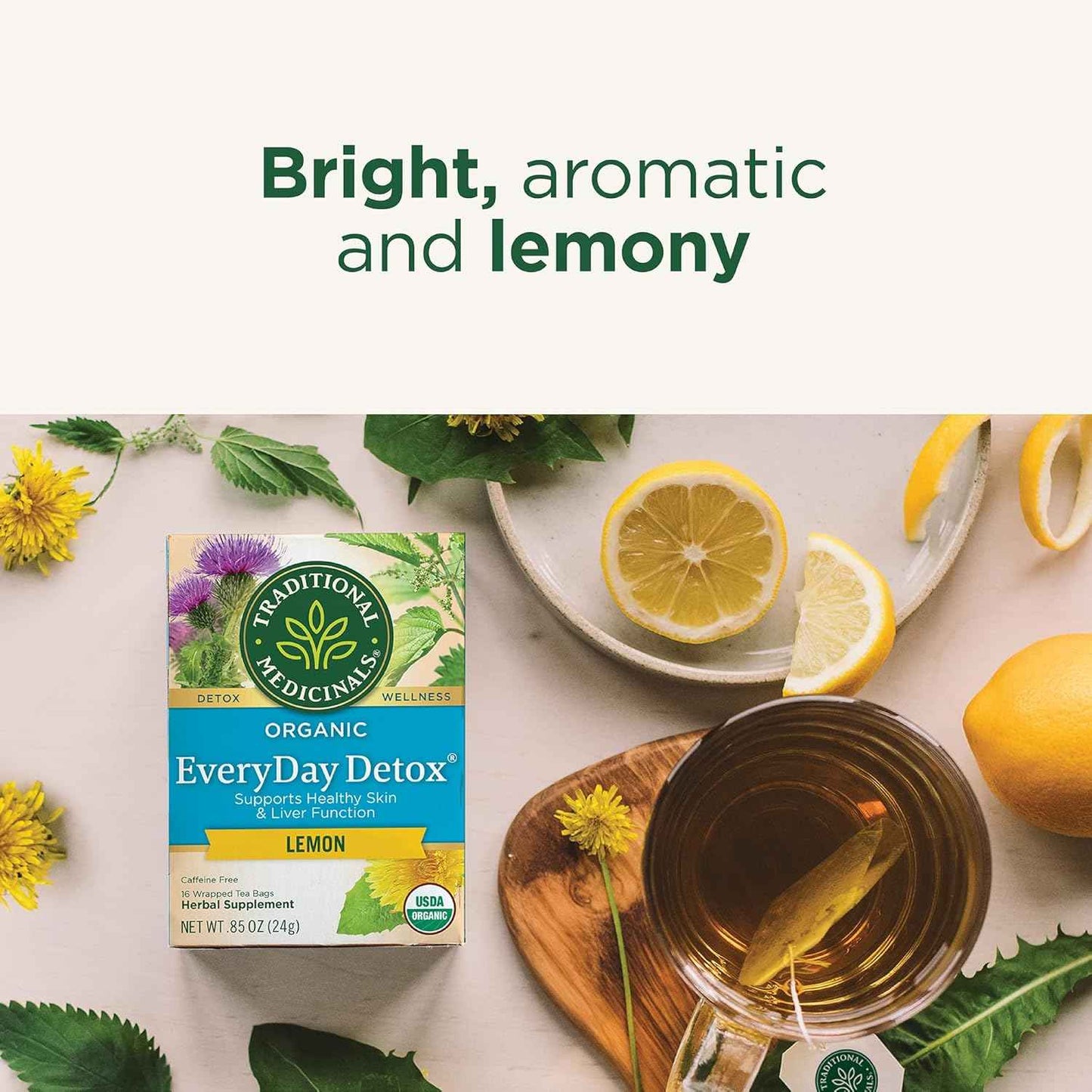 Traditional Medicinals Organic Everyday Detox Lemon Tea – Afternoon Desk Brew for Caffeine-Free Focus, 16 Bags