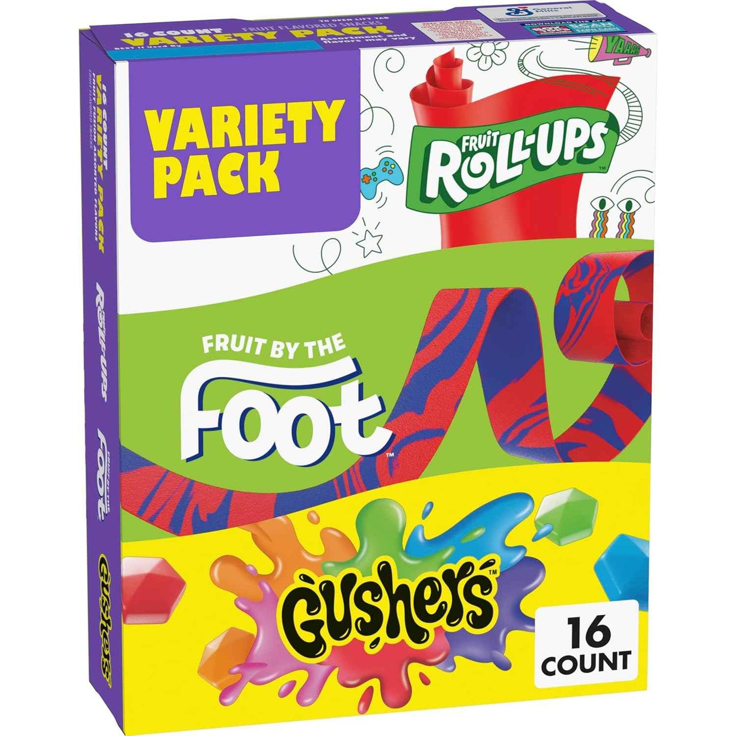 Fruit Roll-Ups, Fruit by the Foot & Gushers Variety Pack – Lunchbox Snack for School-Age Kids, 16 Individually Wrapped Pouches