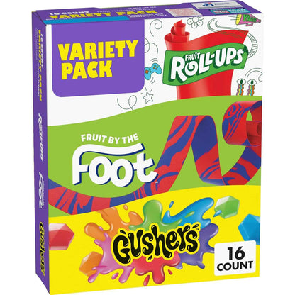 Fruit Roll-Ups, Fruit by the Foot & Gushers Variety Pack – Lunchbox Snack for School-Age Kids, 16 Individually Wrapped Pouches
