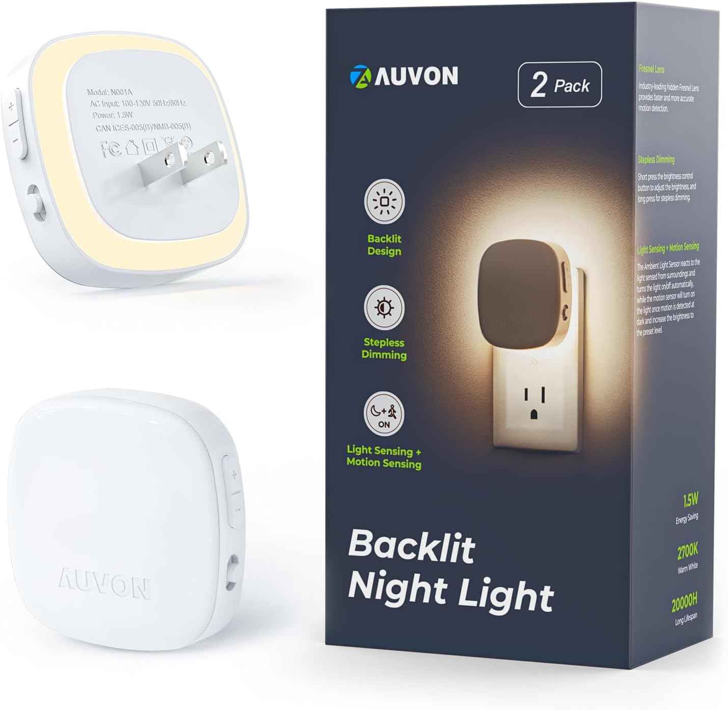 AUVON Backlit Night Light with Auto Shutoff and Stepless Dimming – Cool-to-Touch Nursery and Bedroom Light for Toddlers and Young Children