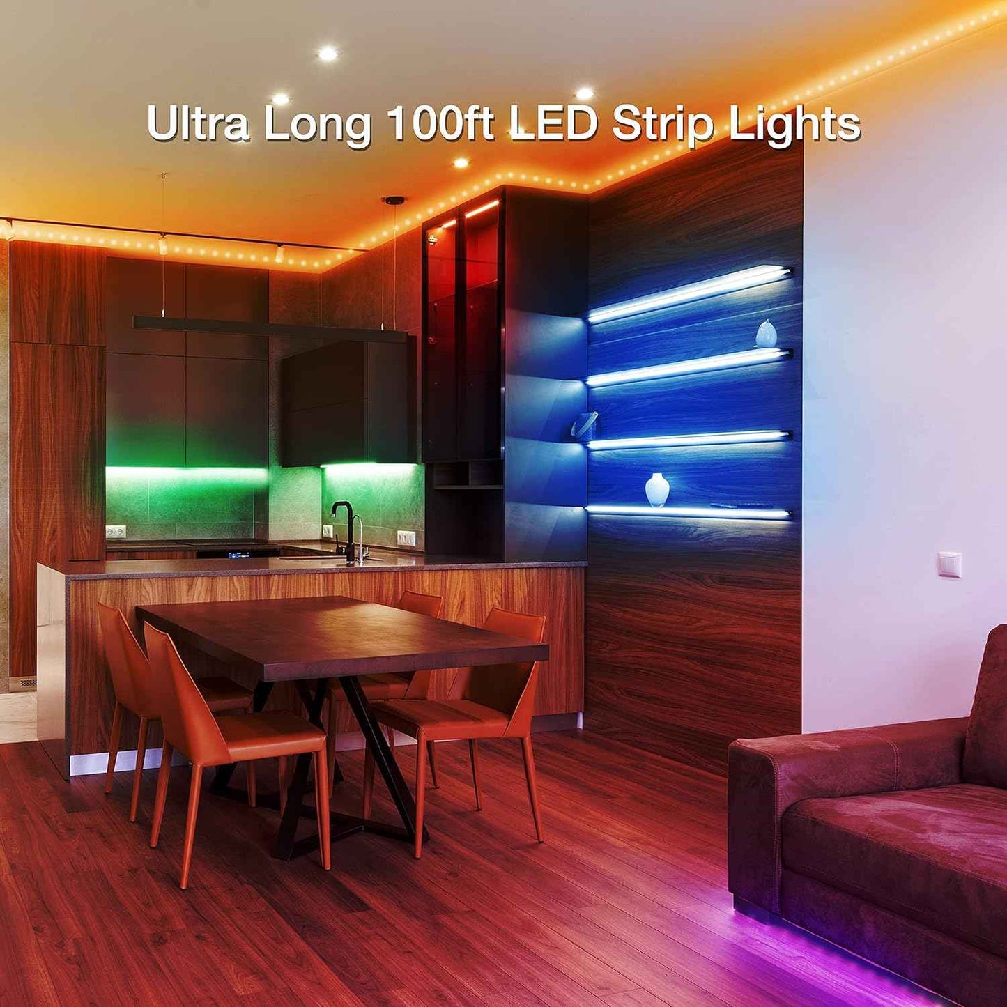 Lumiglow Smart LED Light Strips 100ft – Cuttable RGB Strip Lights for Living Room Ceiling and Stair Accent Lighting