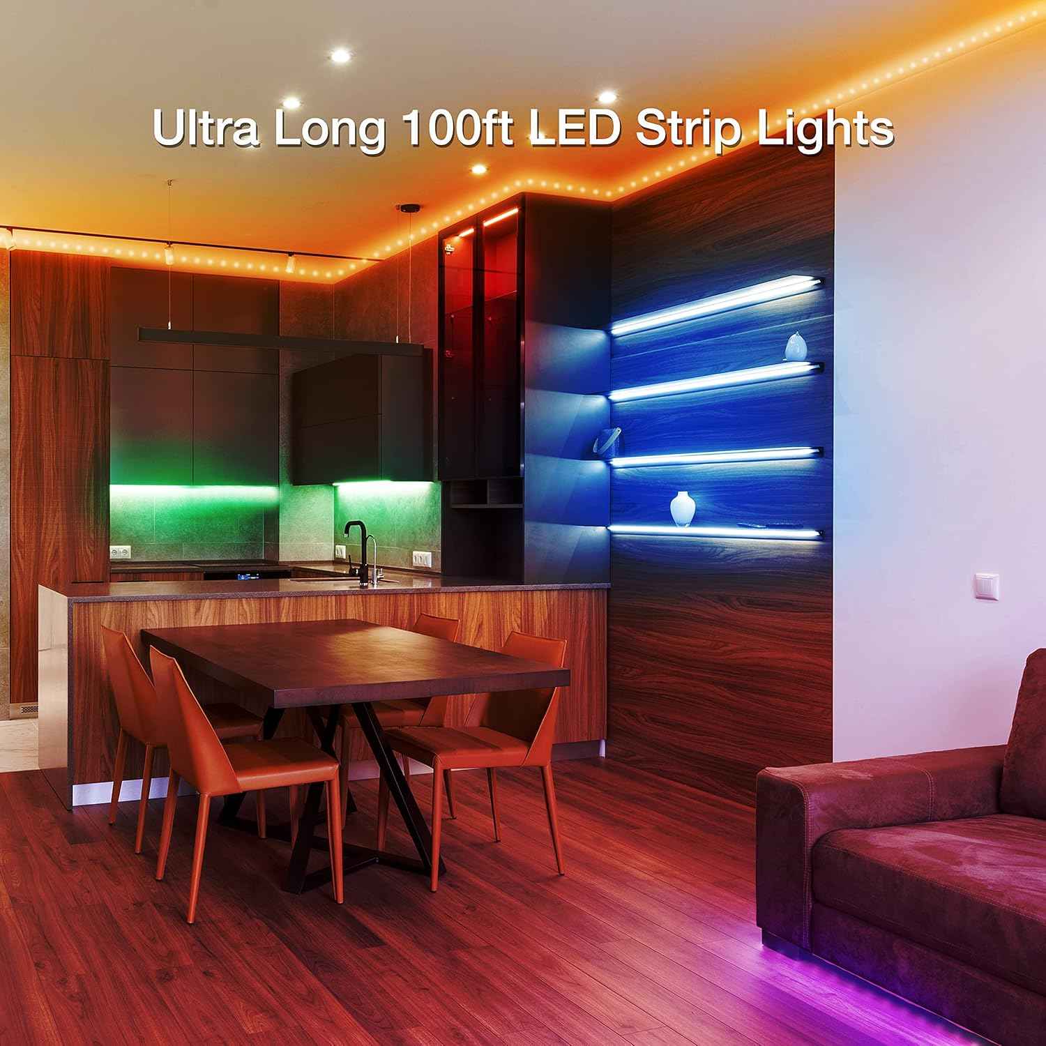 Lumiglow Smart LED Light Strips 100ft – Cuttable RGB Strip Lights for Living Room Ceiling and Stair Accent Lighting