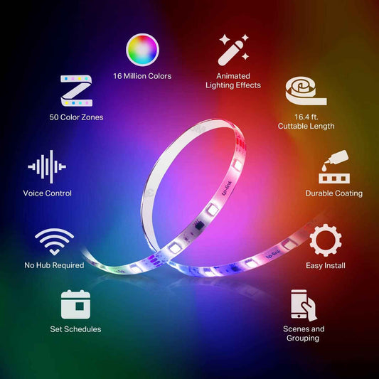 Kasa Smart LED Light Strip 50 Color Zones RGBIC – Living Room Accent Lighting, 16.4ft Trimmable Wi-Fi Strip for Home Decor