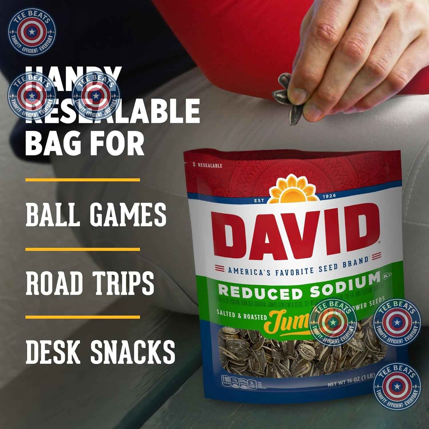 DAVID Roasted and Salted Low Sodium Seeds – Office Desk Snack for Blood Pressure Management, 16oz