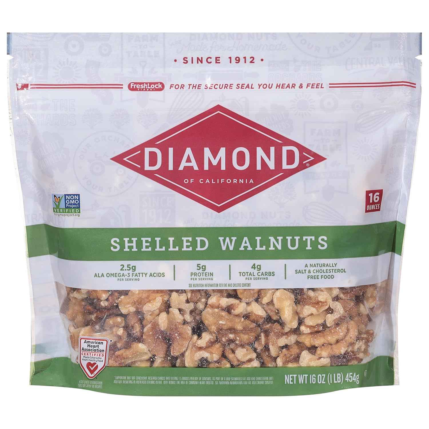 Diamond of California Walnut Halves – Omega-3 Rich Snack for Cardio Wellness Routines, Resealable 1 lb Bag