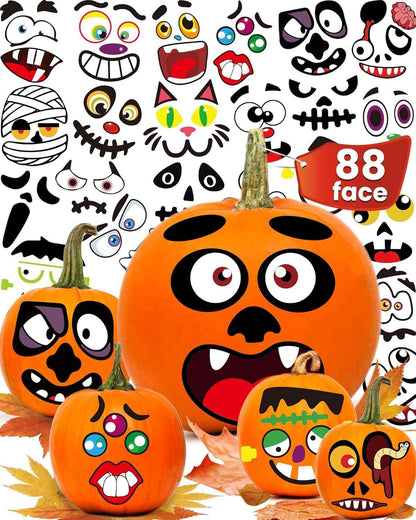 Greingways Non-Toxic Halloween Pumpkin Stickers, Child-Safe Vinyl Decorating Kit with 88 Funny Faces, No Sharp Tools Required