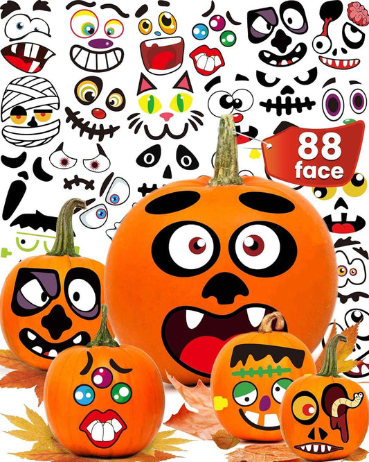 Greingways Non-Toxic Halloween Pumpkin Stickers, Child-Safe Vinyl Decorating Kit with 88 Funny Faces, No Sharp Tools Required