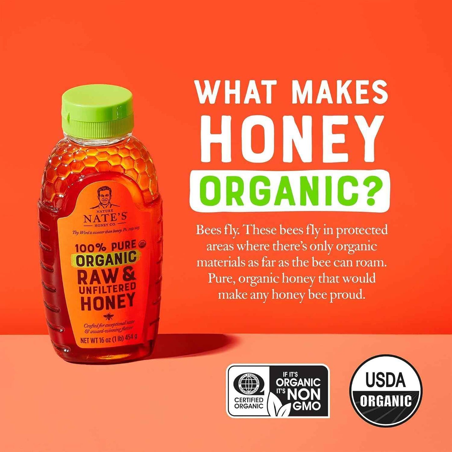 Nate's Organic Pure Honey – Minimalist Kitchen Pantry Staple, Clean-Label Sweetener for Coffee and Baking