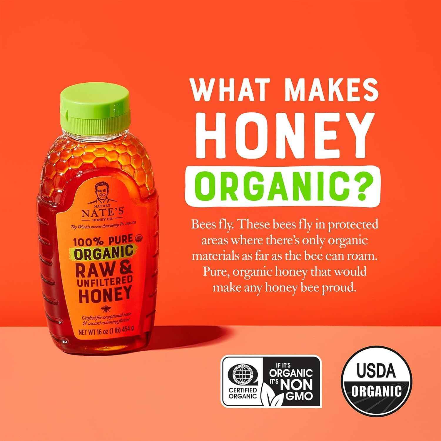 Nate's Organic Pure Honey – Minimalist Kitchen Pantry Staple, Clean-Label Sweetener for Coffee and Baking