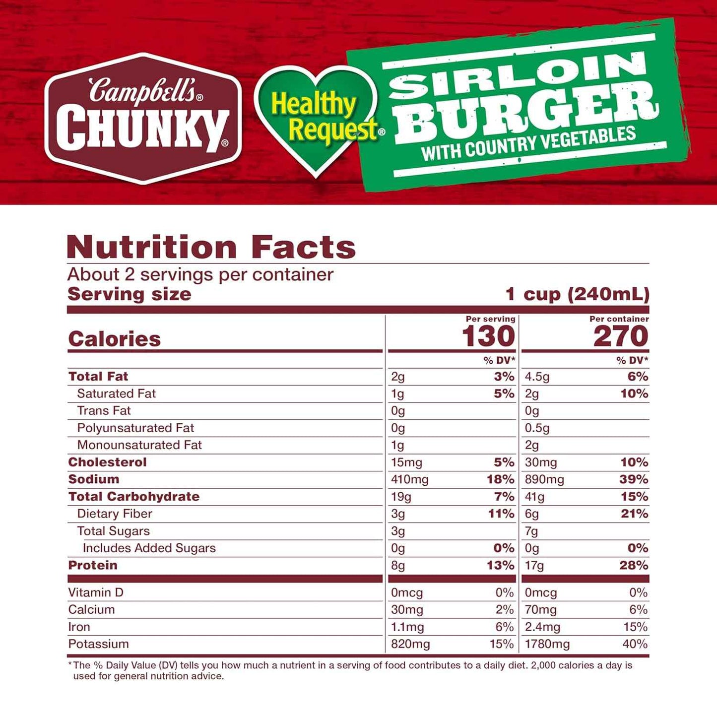Campbell's Healthy Request Beef Sirloin Vegetable Soup, 18.8 oz – Filling Protein-Rich Weekday Dinner for Picky Eaters and Family Tables
