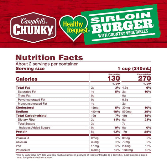 Campbell's Healthy Request Beef Sirloin Vegetable Soup, 18.8 oz – Filling Protein-Rich Weekday Dinner for Picky Eaters and Family Tables
