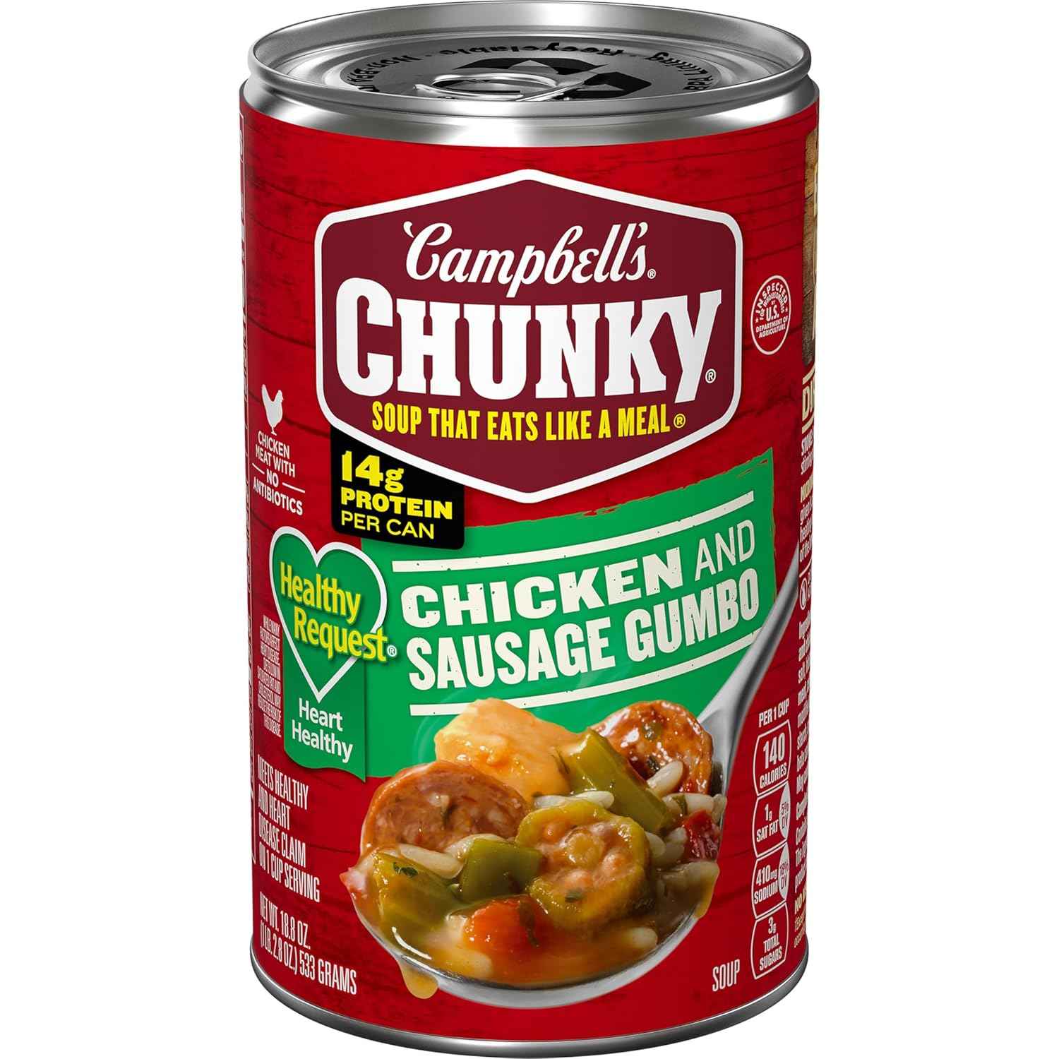 Campbell's Chunky Healthy Request Chicken and Sausage Gumbo Soup, 18.8 Oz Can – Antibiotic-Free Chicken Protein Lunch