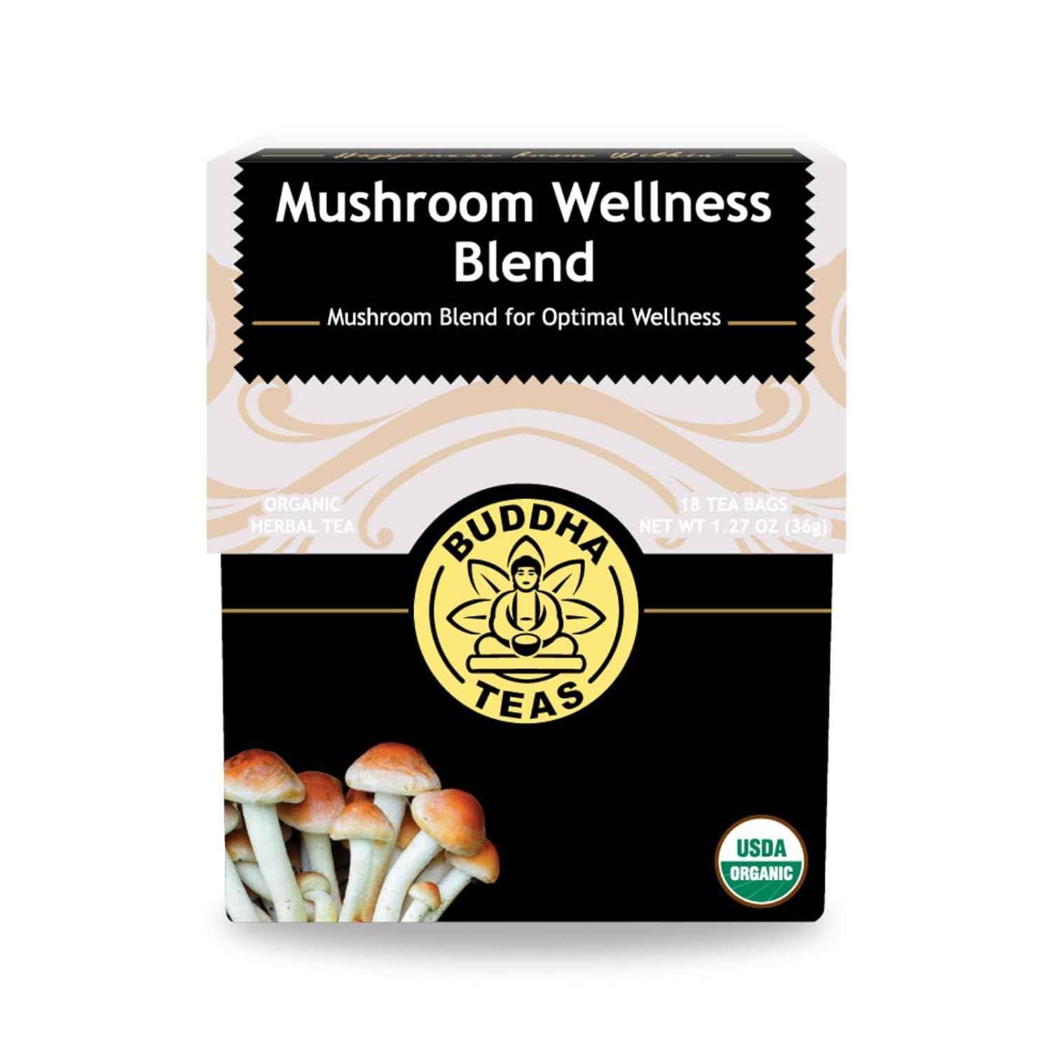 Buddha Teas Mushroom Wellness Herbal Tea – Bedtime Calming Brew for Sleep and Relaxation Routines, Caffeine Free Adaptogen Blend, 18 Tea Bags