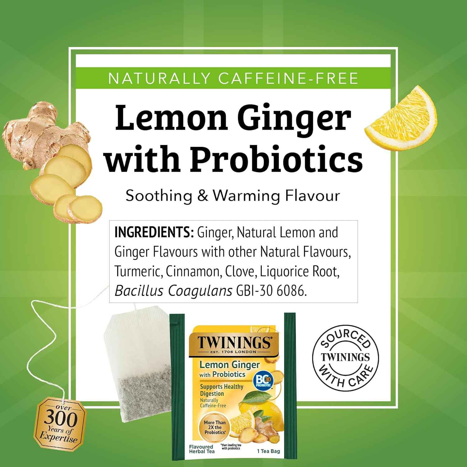 Twinings Superblends Probiotics+ Lemon & Ginger Herbal Tea – Caffeine-Free Afternoon Focus Brew for the Home Office, 18 Teabags