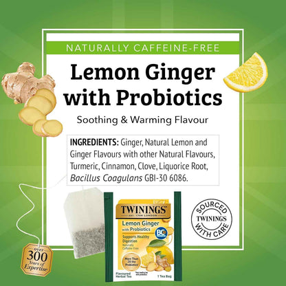 Twinings Superblends Probiotics+ Lemon & Ginger Herbal Tea – Caffeine-Free Afternoon Focus Brew for the Home Office, 18 Teabags