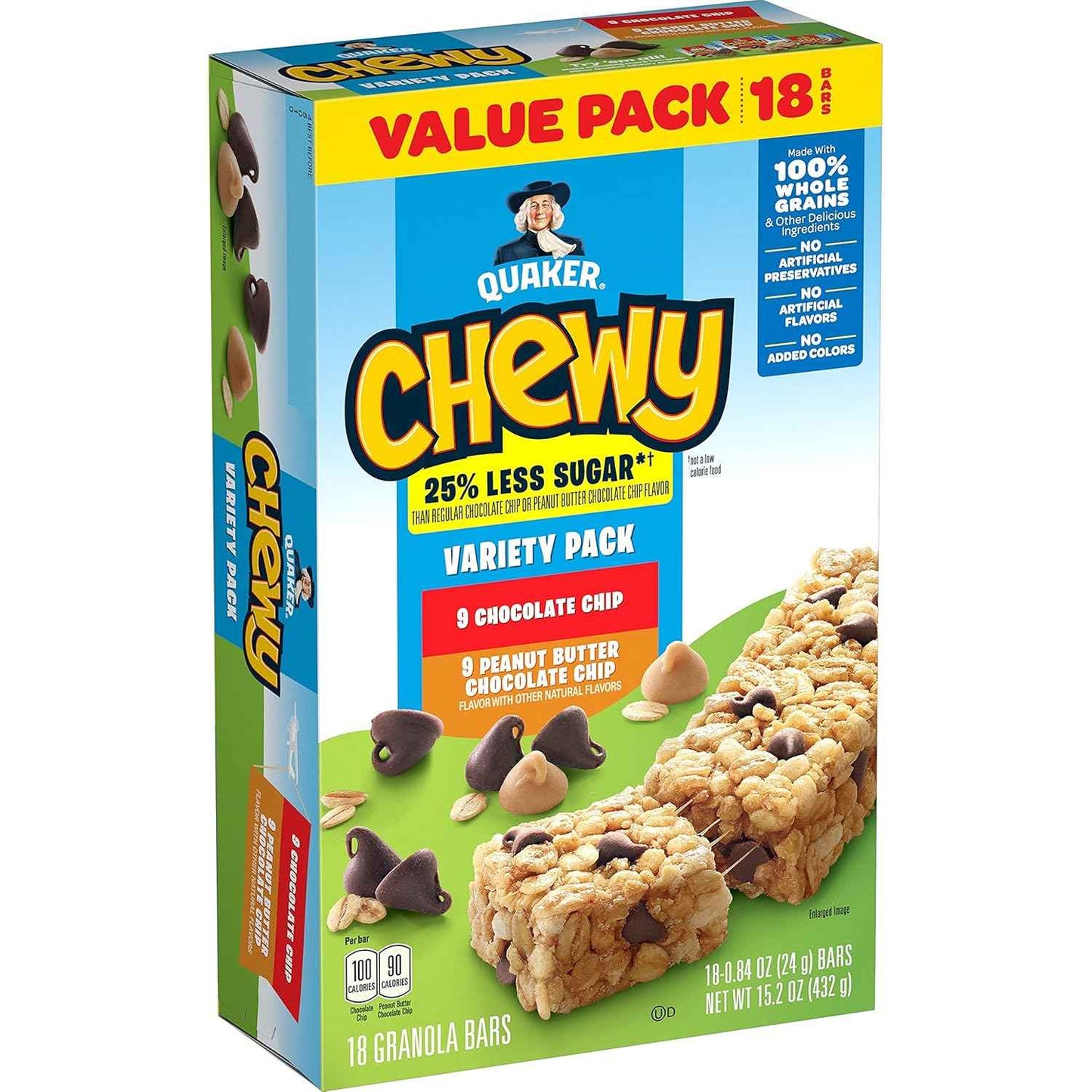 Quaker Chewy Granola Bars 25% Less Sugar – Portable Snack for Road Trips, Hiking, and Camping, 18 Pack