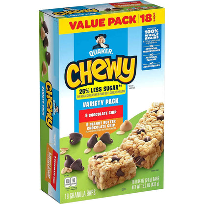 Quaker Chewy Granola Bars 25% Less Sugar – Portable Snack for Road Trips, Hiking, and Camping, 18 Pack
