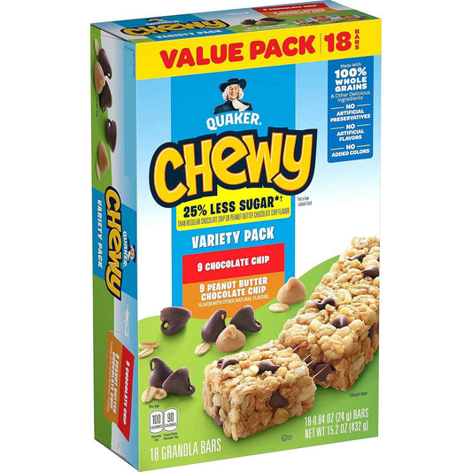 Quaker Chewy Granola Bars 25% Less Sugar – Portable Snack for Road Trips, Hiking, and Camping, 18 Pack